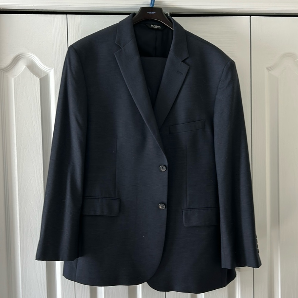 Jos. A. Banks navy suit. Very subtle plaid.